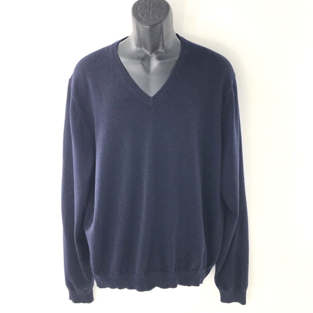 Brooks Brothers Mens Sweater Pullover V Neck Navy Blue Long Sleeve Stretch Sz L